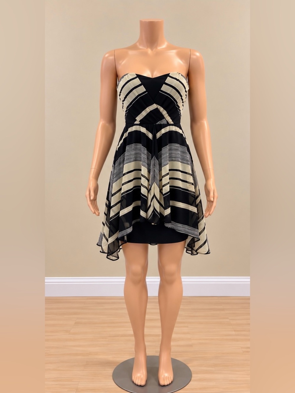 MM Couture by Miss Me Black Cream Strapless Chiffon Asymmetric Dress XS NWOT